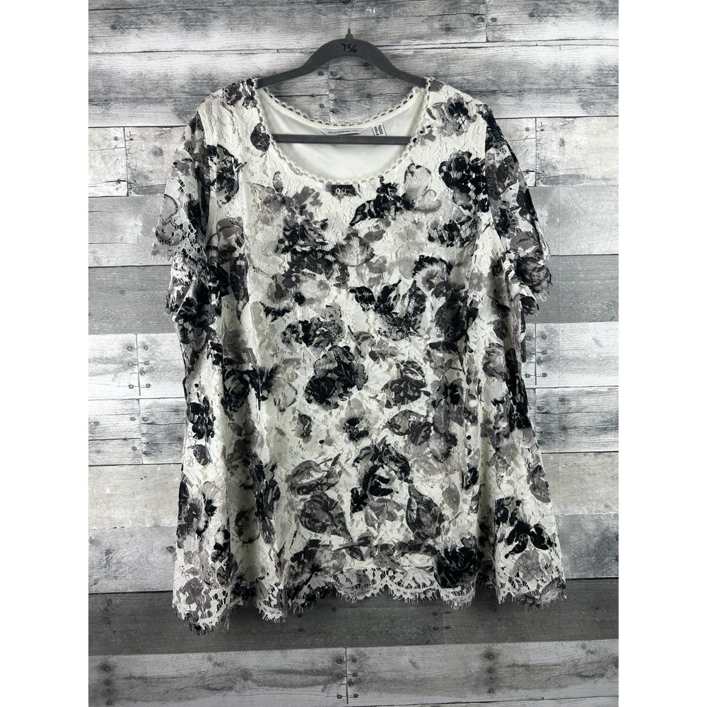 Isaac Mizrahi 2X Short Sleeve Blouse With Lace Overlay